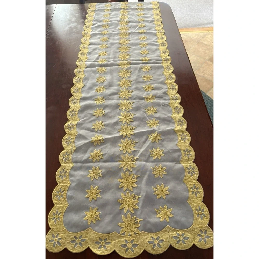 VTG Dresser Vanity Scarf Set (3) Cottage Core Shabby Chic Golden Yellow Flowers